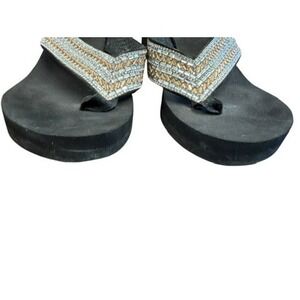 Corkys Womens Black Rhinestone Embellished Wedge Platform Flip Flops SZ 6